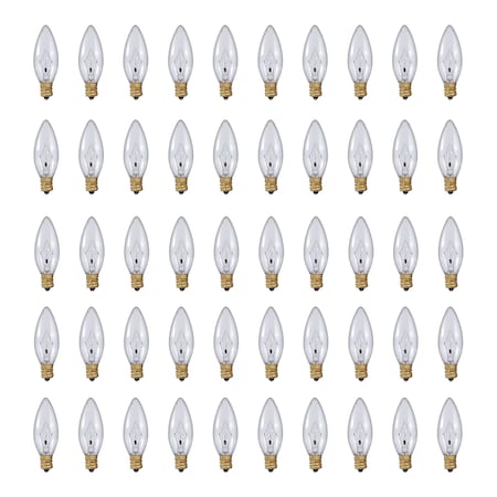 Bulbrite 5w Dimmable Clear B8 Incandescent Light Bulbs Candelabra (E12) Base, 2700K Warm White Light, 50PK 861959